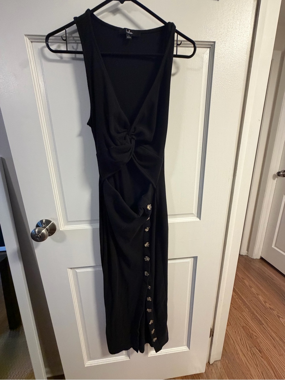 Lulu's Black Ribbed Twist-Front Cutout Midi Dress with Side Button Slit - Picture 2 of 5